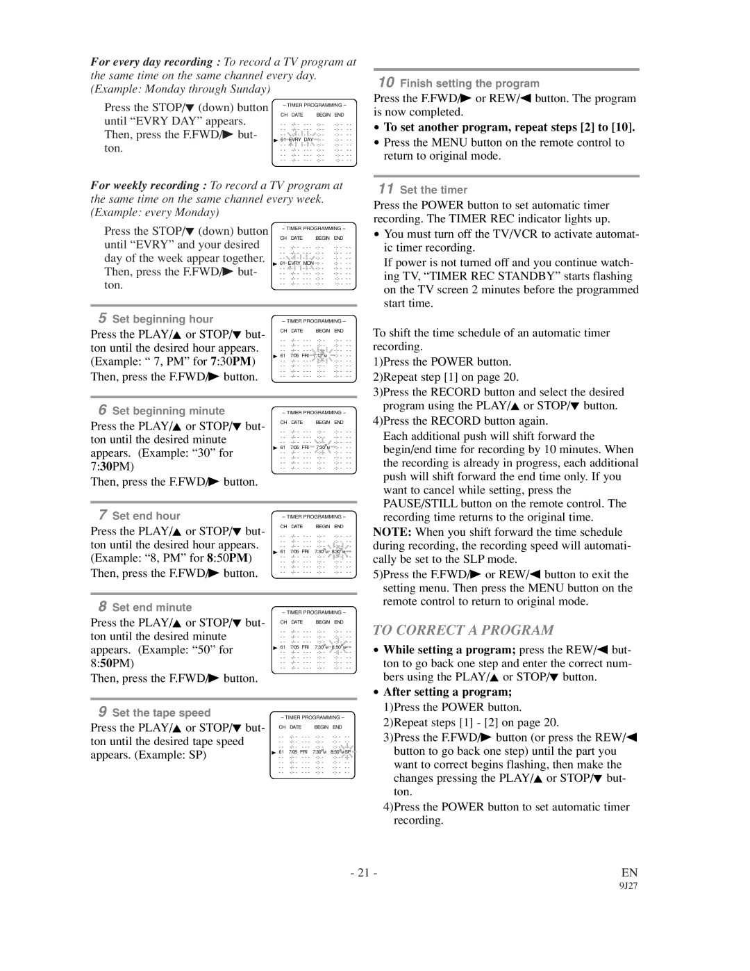 Emerson EWC0902 owner manual To Correct a Program, To set another program, repeat steps 2 to 