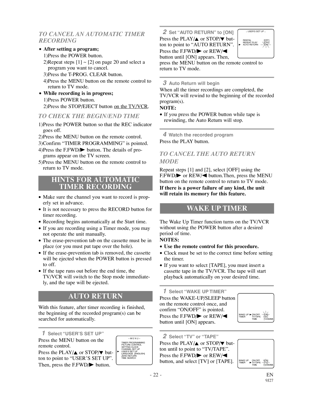 Emerson EWC0902 owner manual Hints for Automatic Timer Recording, Wake UP Timer, Auto Return 