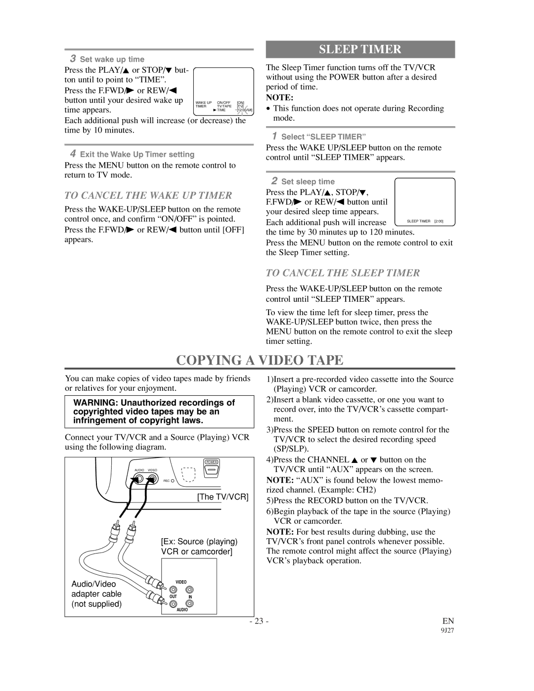 Emerson EWC0902 owner manual Copying a Video Tape, To Cancel the Wake UP Timer, To Cancel the Sleep Timer 