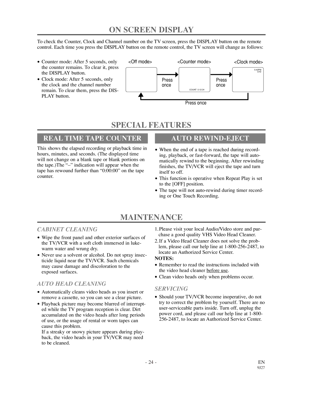 Emerson EWC0902 owner manual On Screen Display, Special Features, Maintenance, Real Time Tape Counter, Auto REWIND-EJECT 