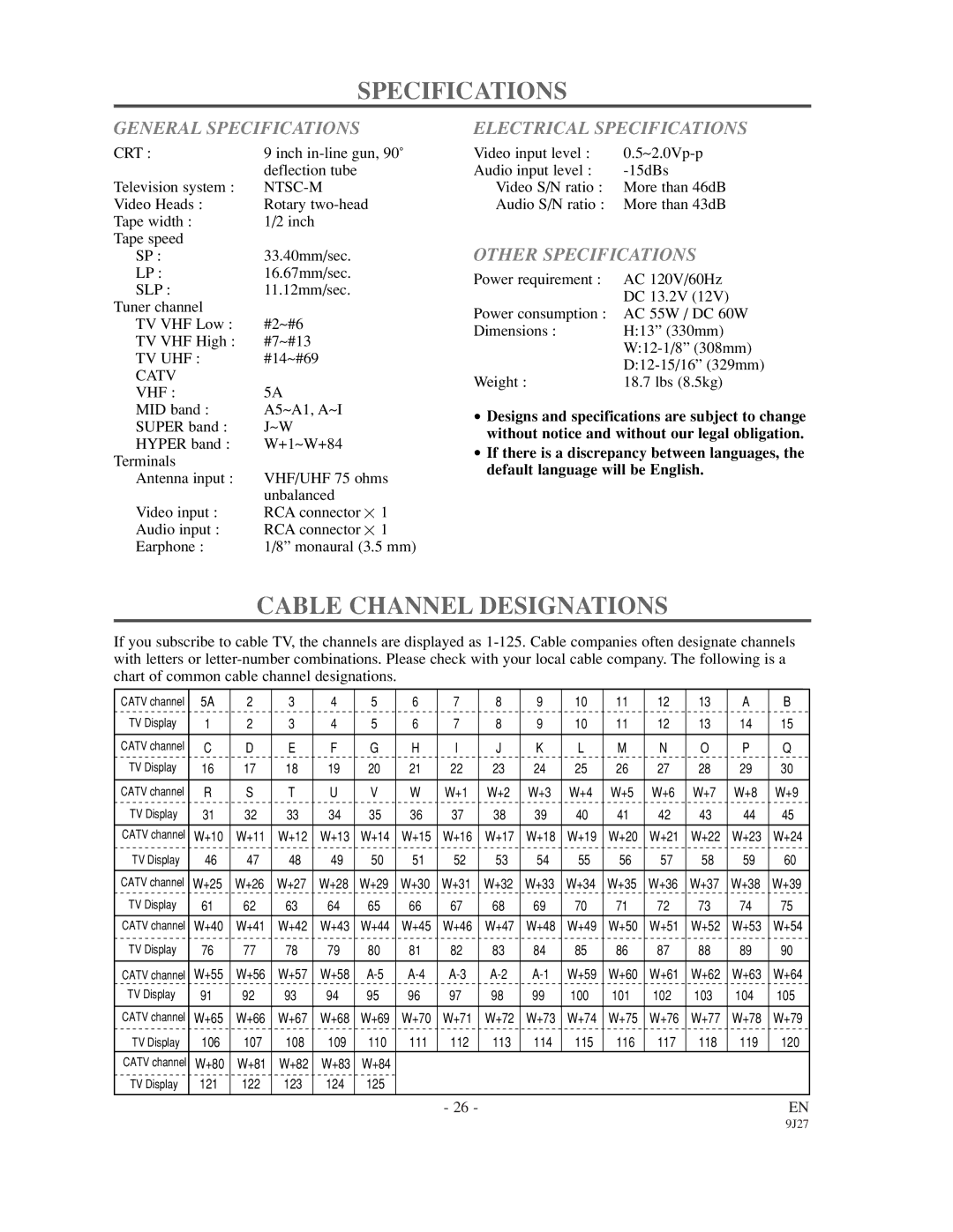 Emerson EWC0902 Cable Channel Designations, General Specifications, Electrical Specifications, Other Specifications 