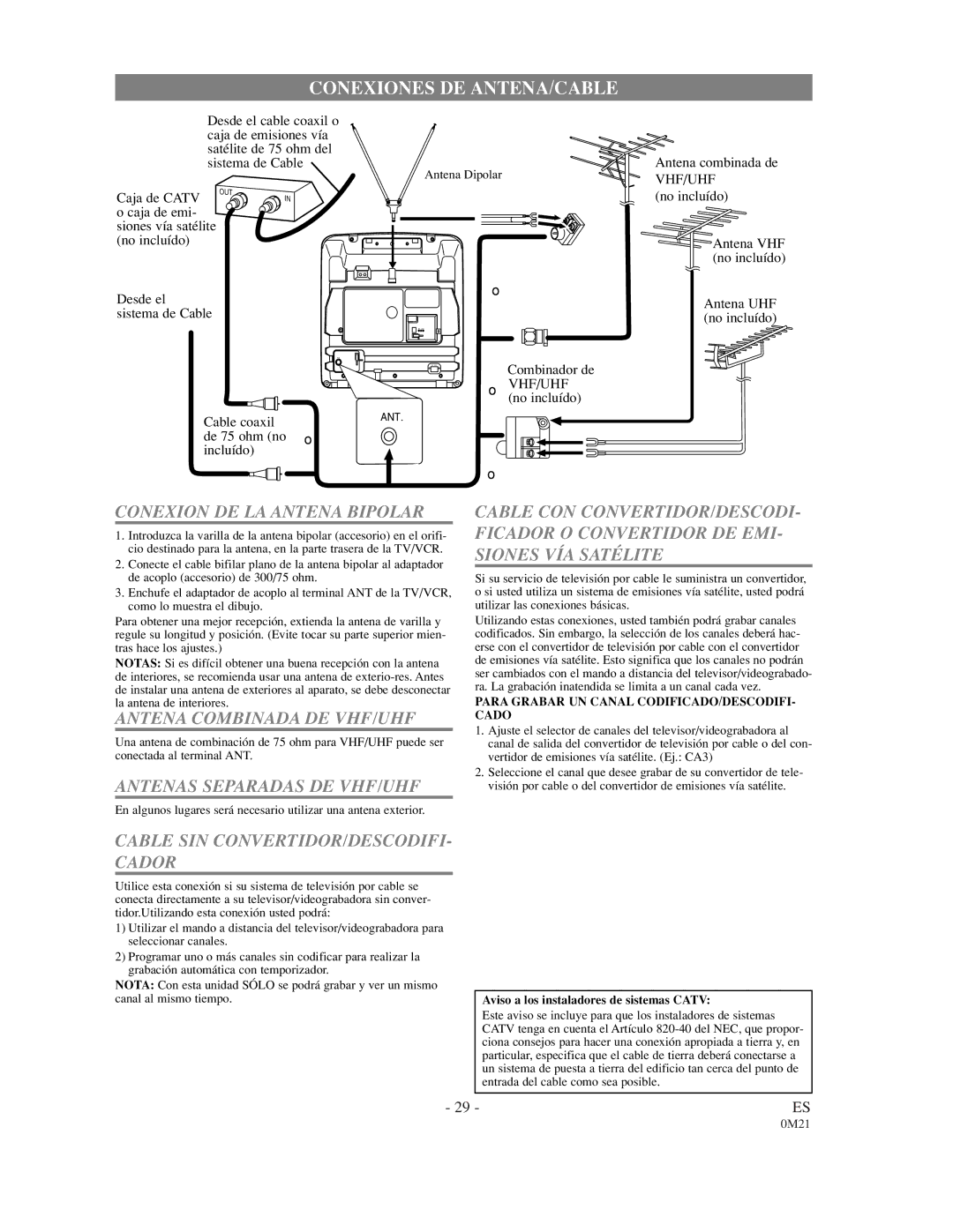 Emerson EWC0902 owner manual Conexiones DE ANTENA/CABLE 