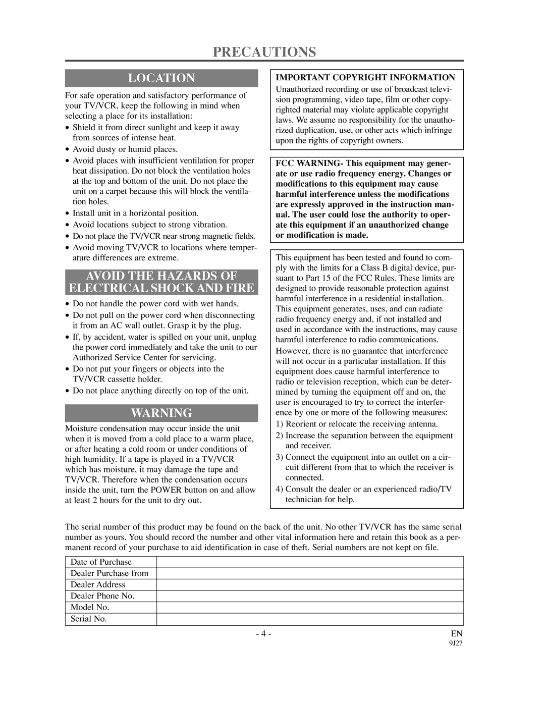 Emerson EWC0902 Precautions, Location, Avoid the Hazards Electrical Shock and Fire, Important Copyright Information 