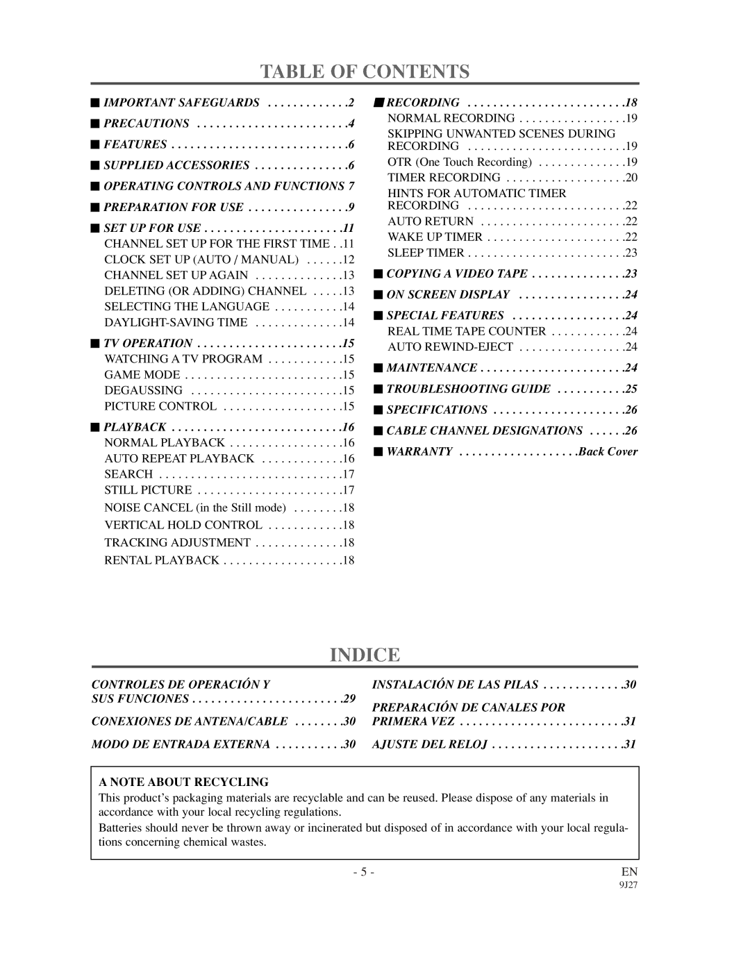 Emerson EWC0902 owner manual Table of Contents, Indice 