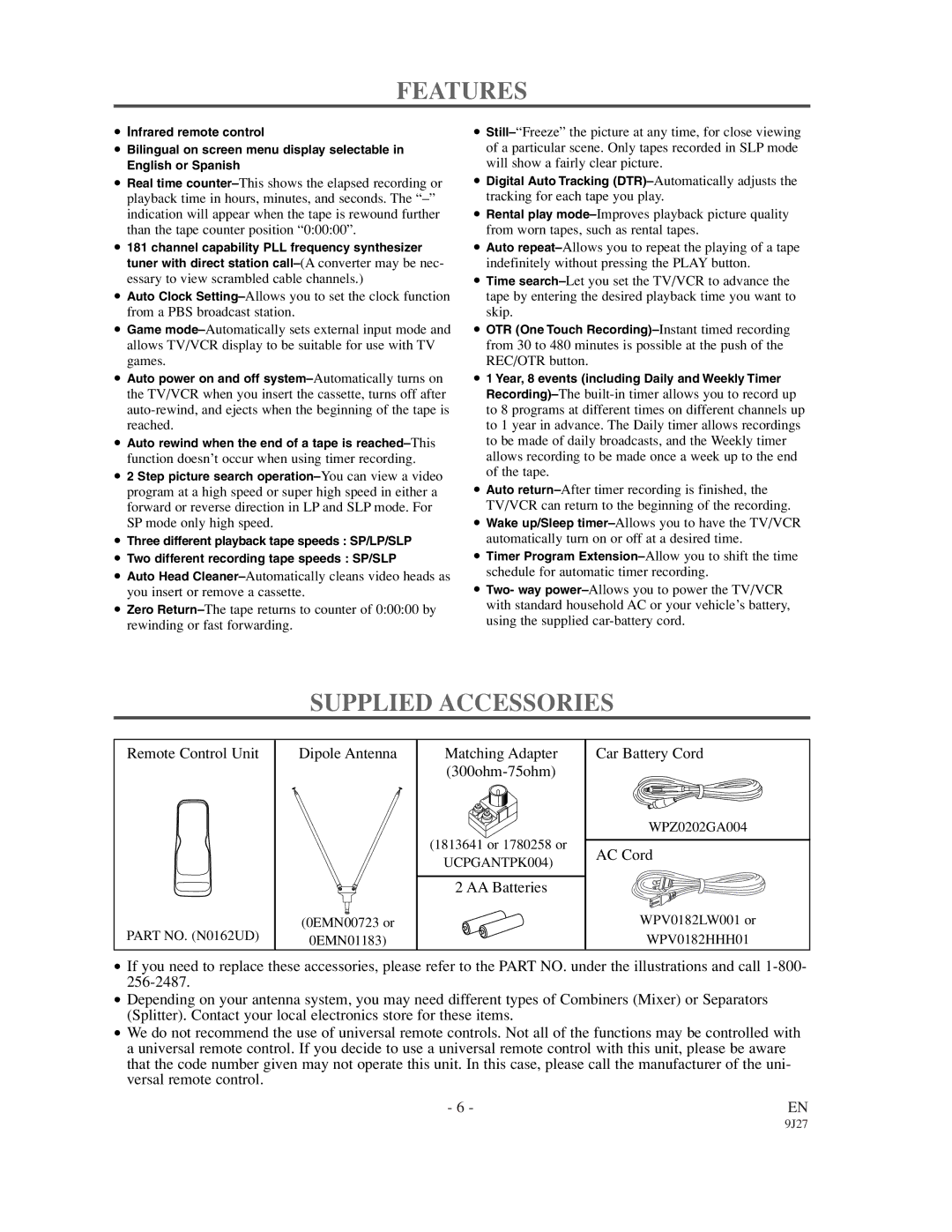 Emerson EWC0902 owner manual Features, Supplied Accessories 