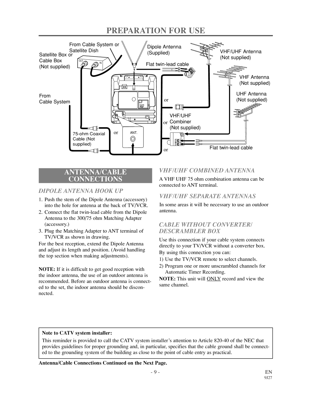 Emerson EWC0902 Preparation for USE, VHF/UHF Combined Antenna, Dipole Antenna Hook UP, VHF/UHF Separate Antennas 