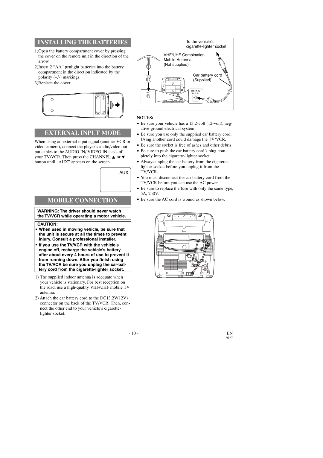 Emerson EWC0903 owner manual Installing the Batteries, External Input Mode, Mobile Connection 