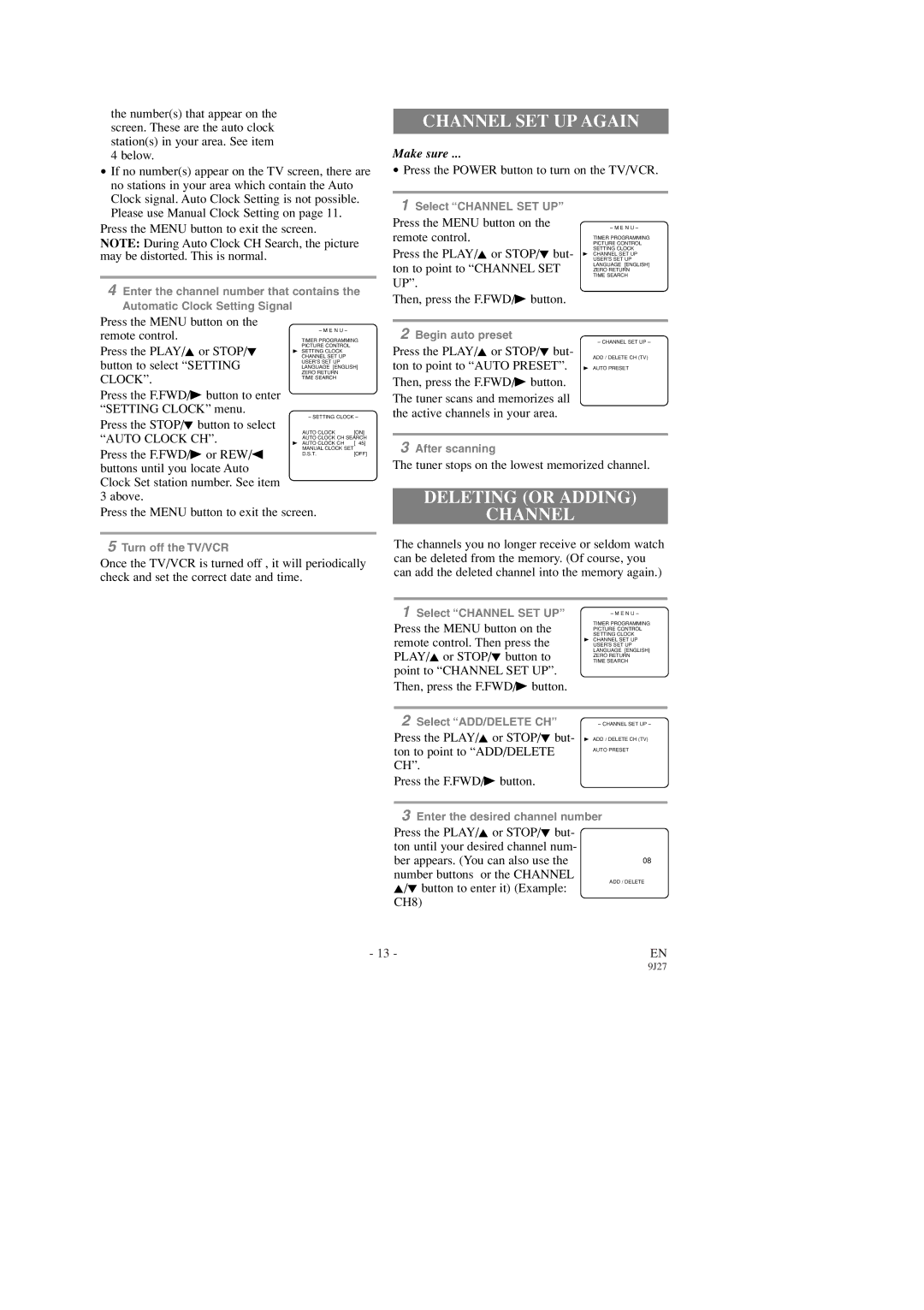 Emerson EWC0903 owner manual Channel SET UP Again, Deleting or Adding Channel, Auto Clock CH 