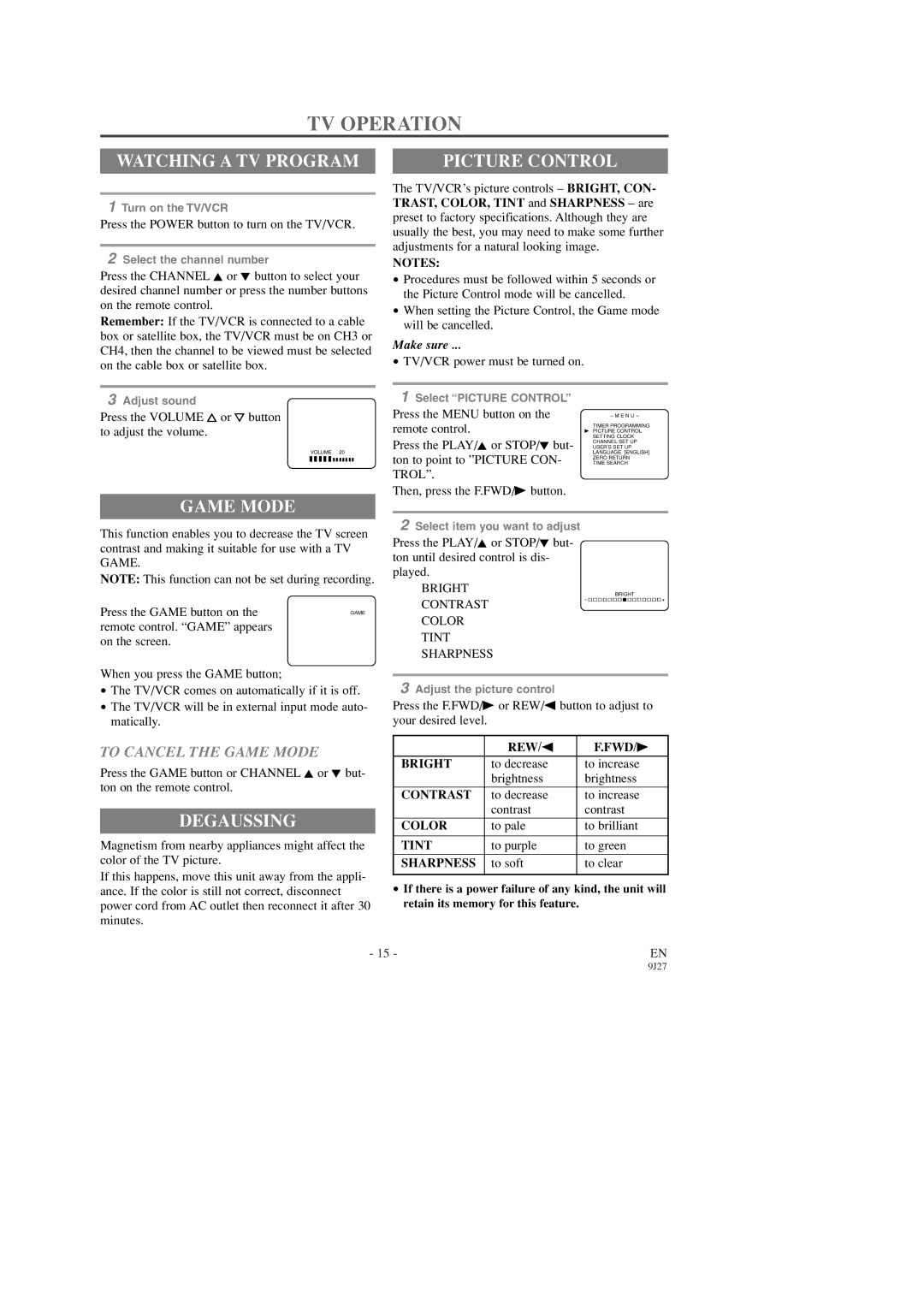 Emerson EWC0903 owner manual TV Operation, Watching a TV Program, Picture Control, Game Mode, Degaussing 