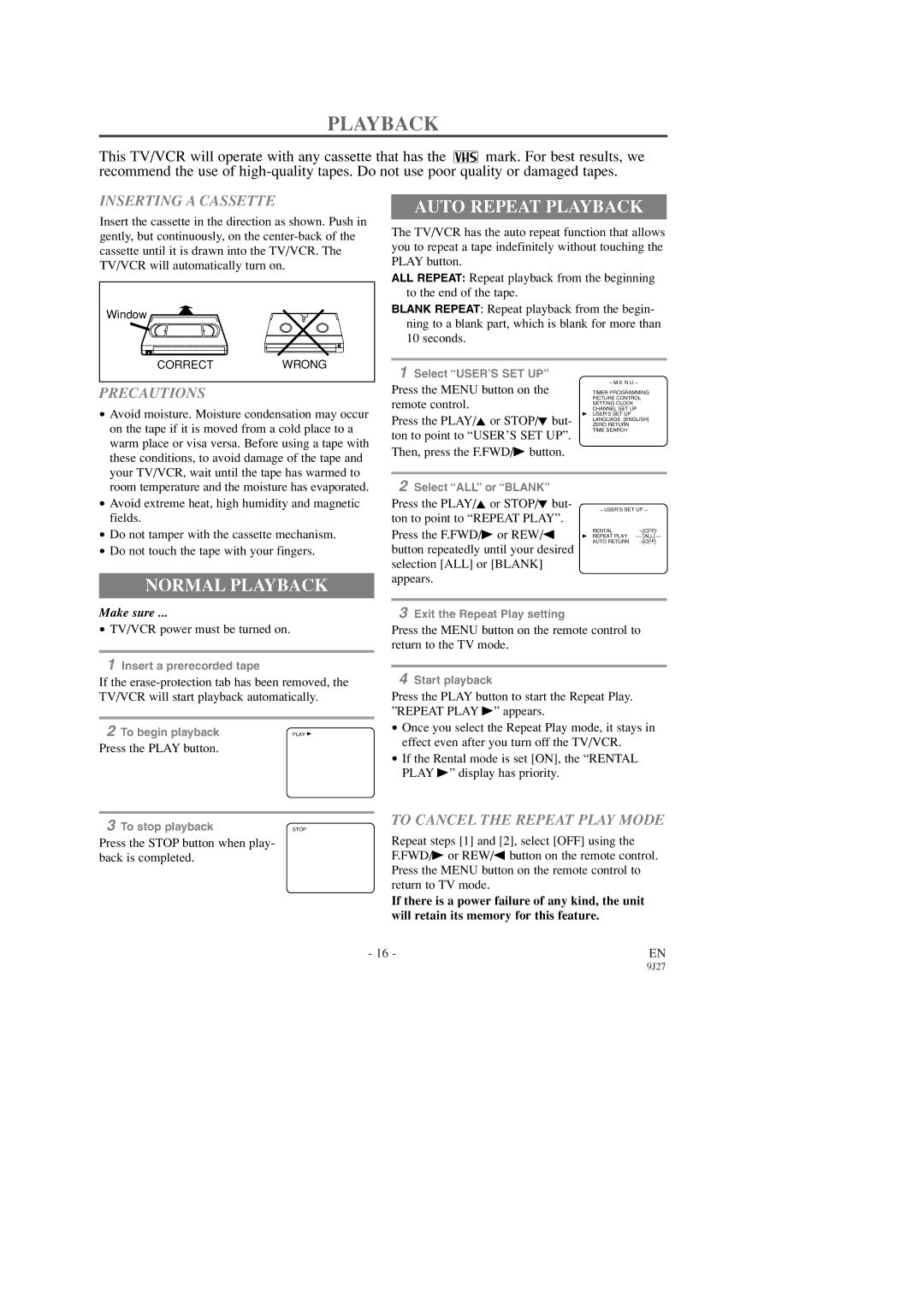 Emerson EWC0903 owner manual Auto Repeat Playback, Normal Playback 