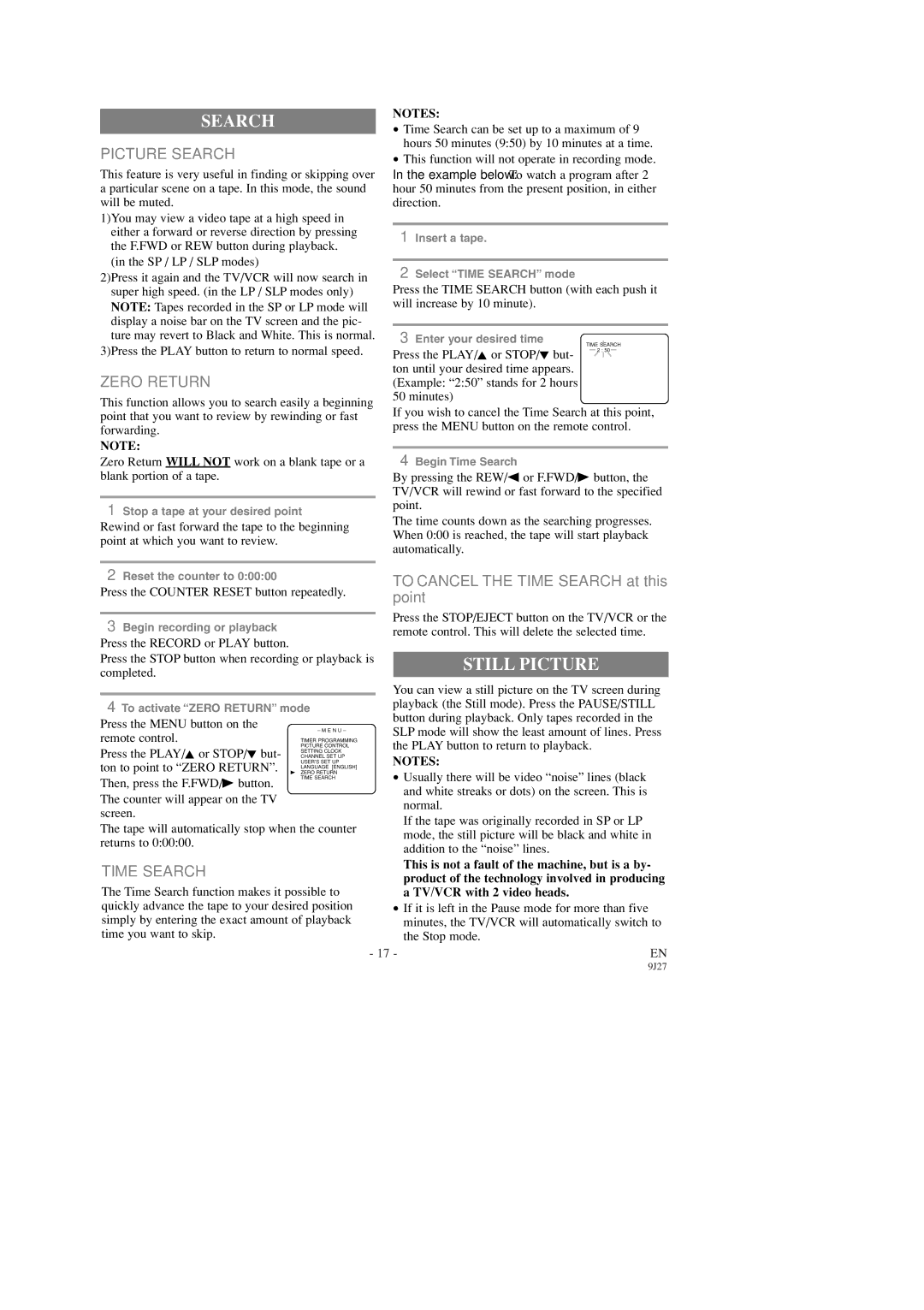 Emerson EWC0903 owner manual Still Picture, Picture Search, Zero Return, Time Search 