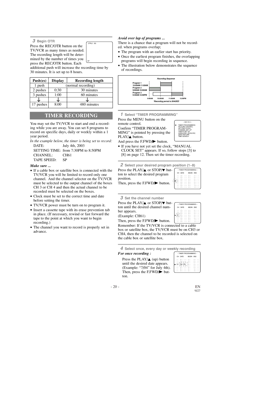 Emerson EWC0903 owner manual Timer Recording, Pushes Display Recording length, Channel CH61 Tape Speed SP 