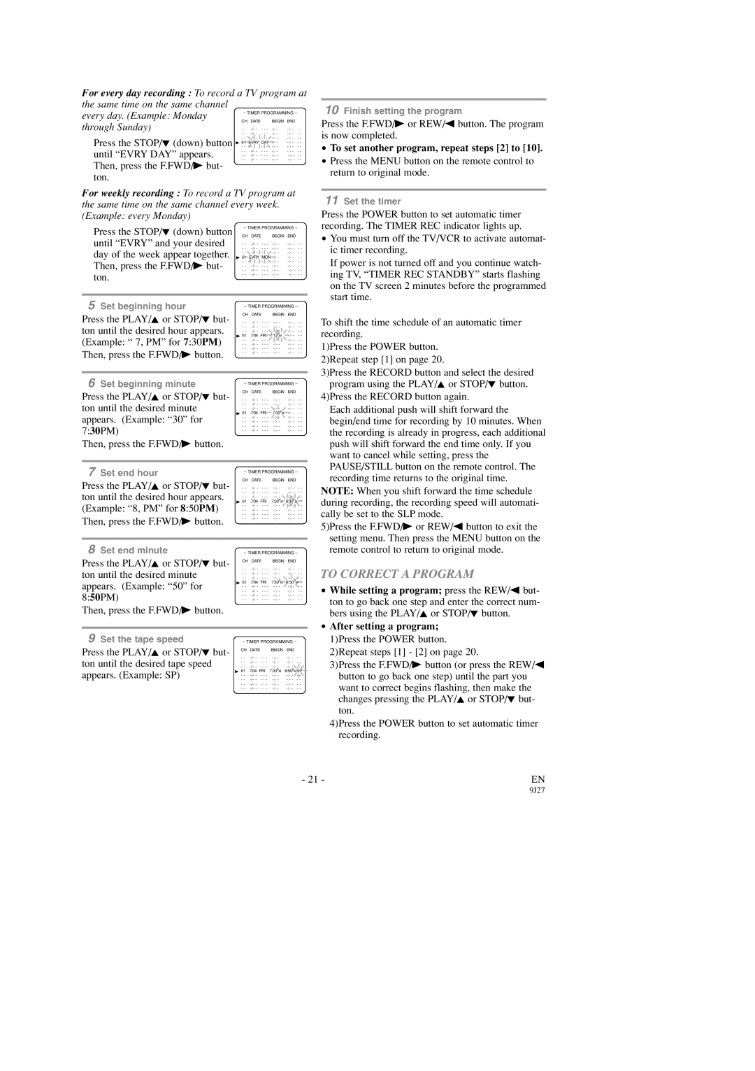 Emerson EWC0903 owner manual To Correct a Program, To set another program, repeat steps 2 to 