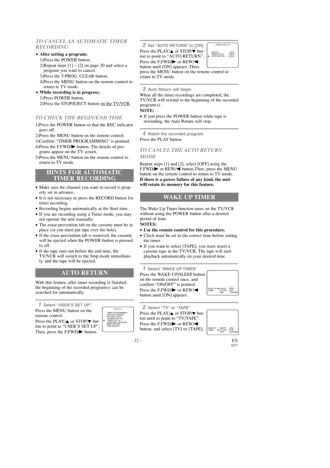 Emerson EWC0903 owner manual Hints for Automatic Timer Recording, Wake UP Timer, Auto Return 