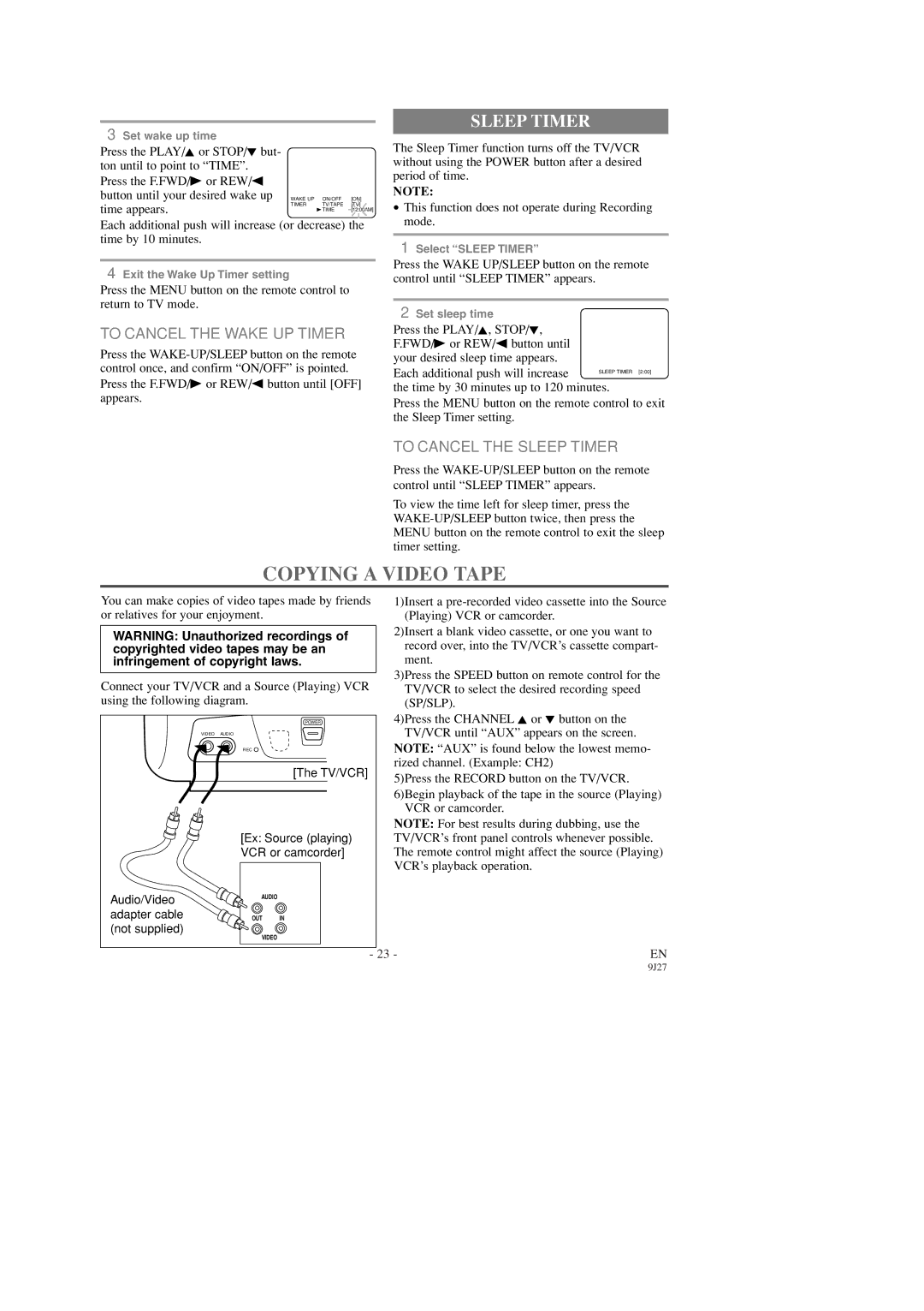 Emerson EWC0903 owner manual Copying a Video Tape, To Cancel the Wake UP Timer, To Cancel the Sleep Timer 