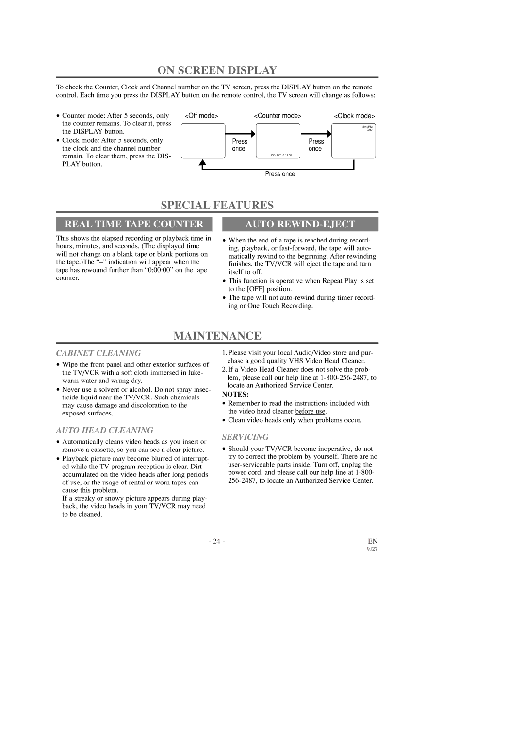 Emerson EWC0903 owner manual On Screen Display, Special Features, Maintenance, Real Time Tape Counter, Auto REWIND-EJECT 