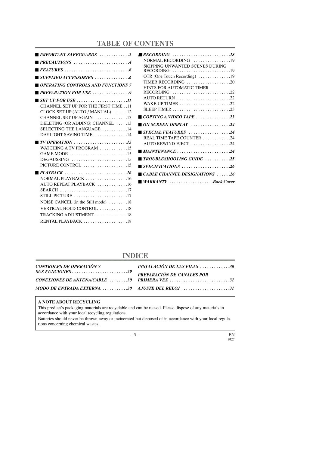 Emerson EWC0903 owner manual Table of Contents, Indice 