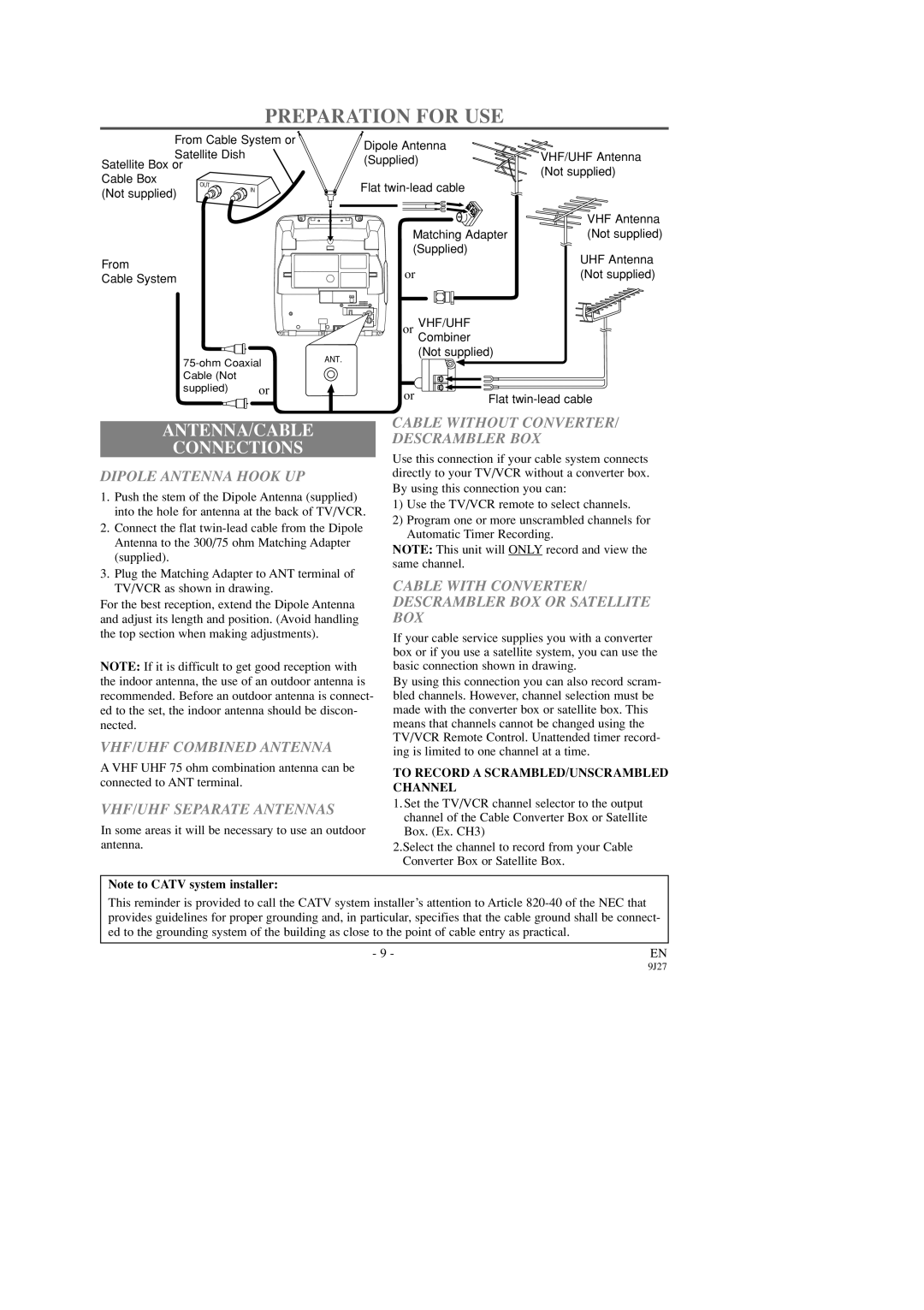 Emerson EWC0903 owner manual Preparation for USE, Antenna/Cable, Connections 