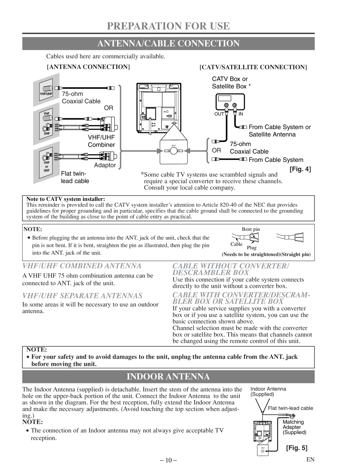 Emerson EWC09D5 B, EWC09D5 owner manual Preparation for USE, ANTENNA/CABLE Connection, Indoor Antenna 