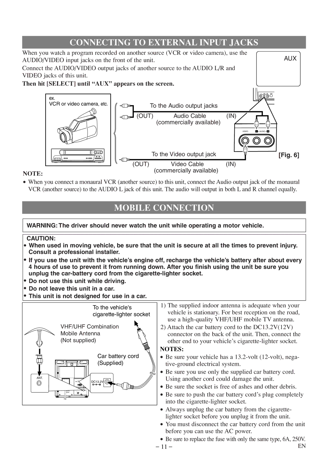 Emerson EWC09D5 B, EWC09D5 owner manual Connecting to External Input Jacks, Mobile Connection 