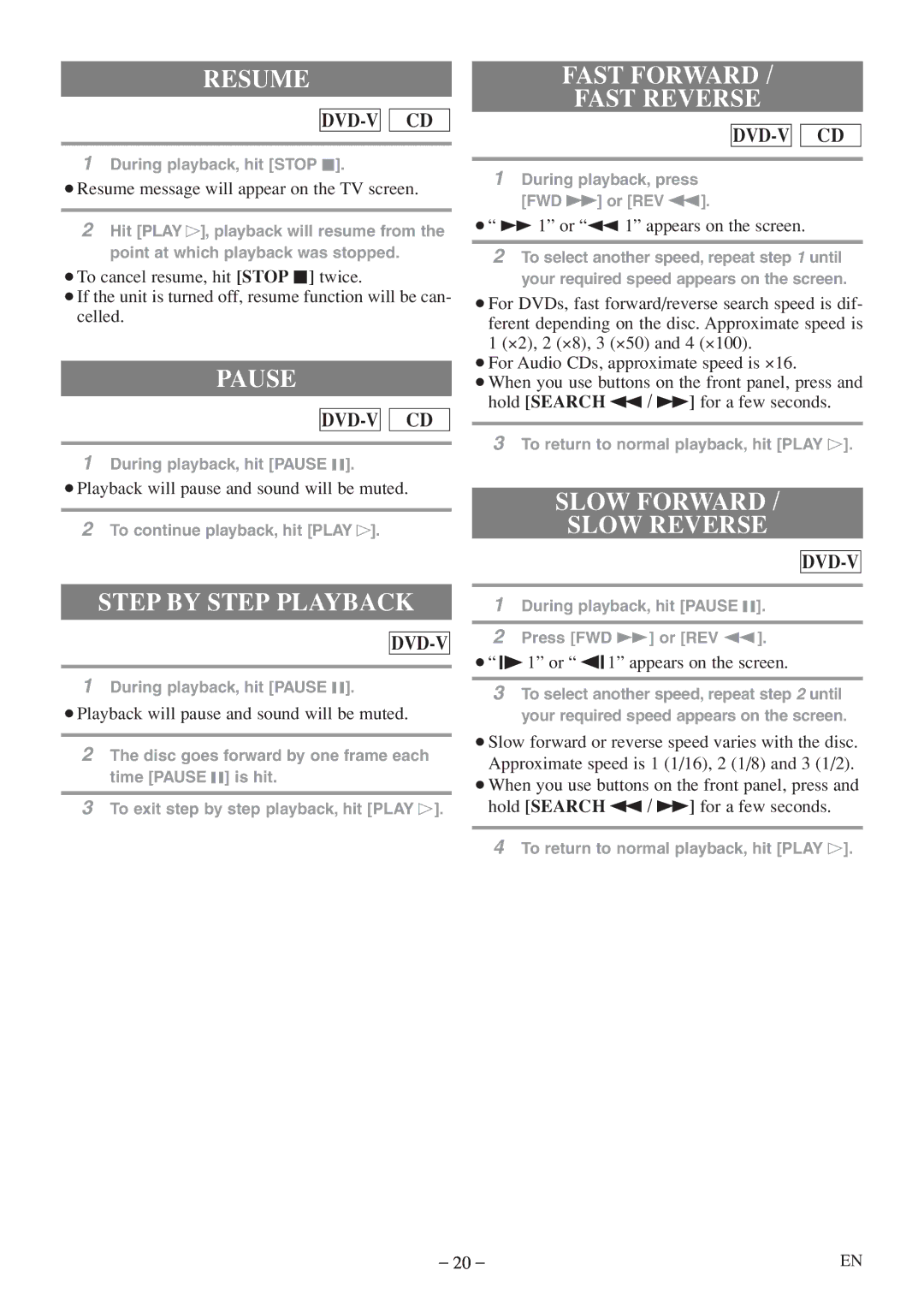 Emerson EWC09D5 owner manual Resume, Pause, Fast Forward Fast Reverse, Slow Forward Slow Reverse, Step by Step Playback 