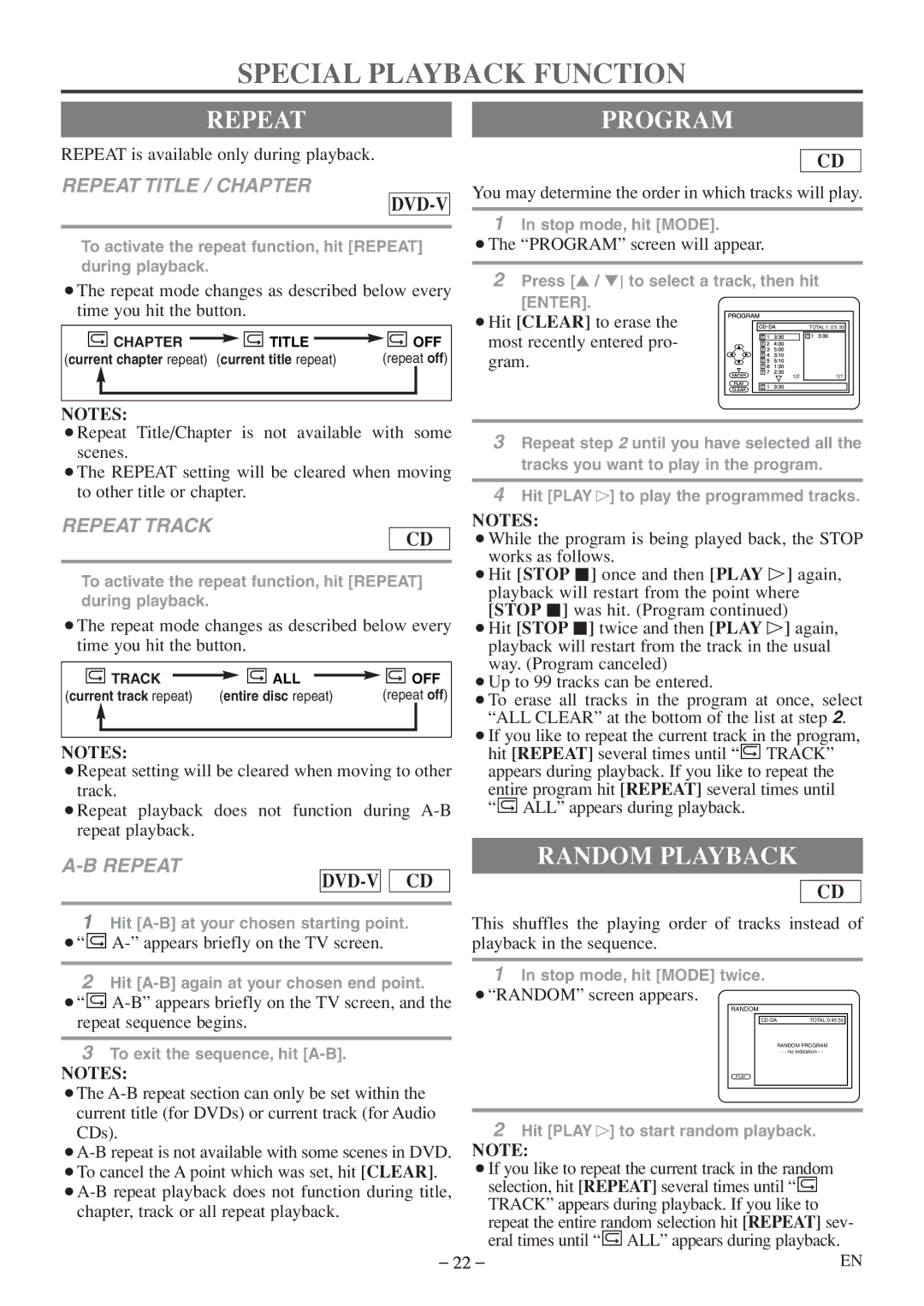 Emerson EWC09D5 B, EWC09D5 owner manual Special Playback Function, Repeat Program, Random Playback 