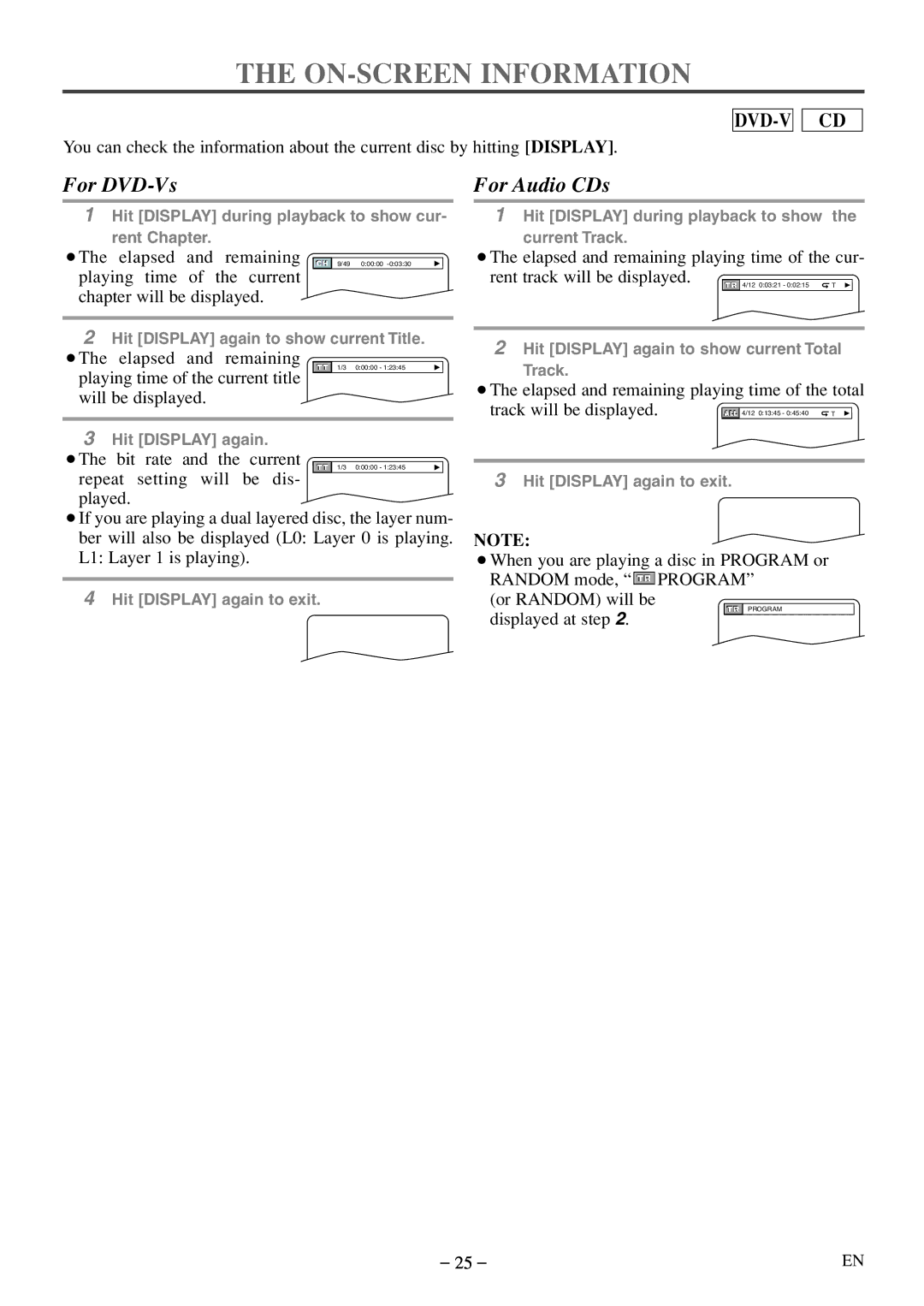 Emerson EWC09D5 B, EWC09D5 owner manual ON-SCREEN Information, For DVD-Vs 