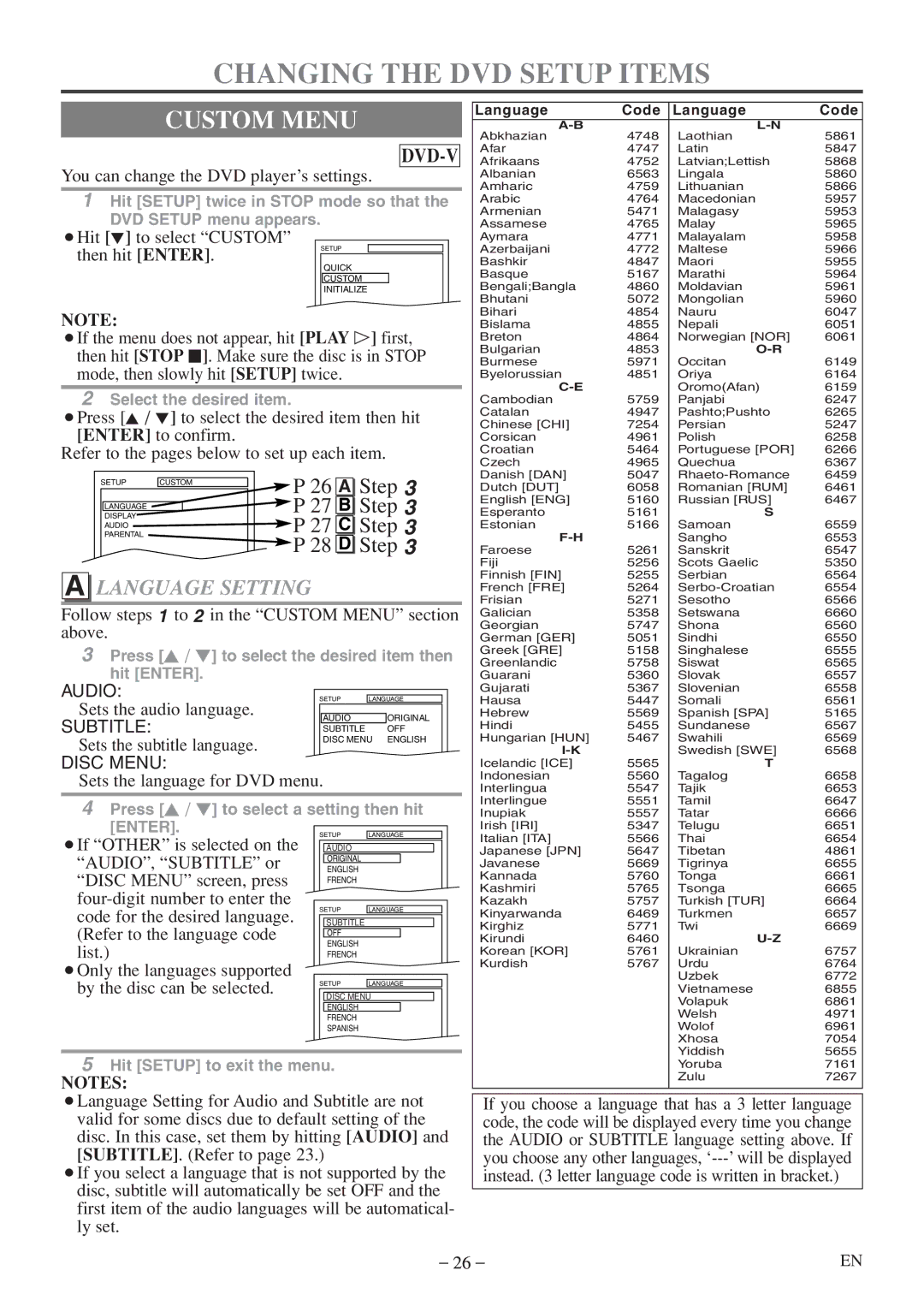 Emerson EWC09D5 B, EWC09D5 owner manual Changing the DVD Setup Items, Custom Menu, Language Setting 