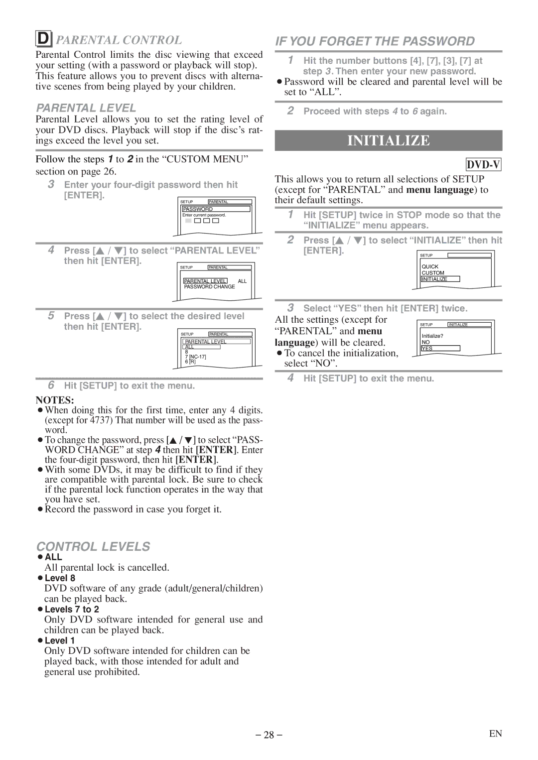 Emerson EWC09D5 B, EWC09D5 owner manual Initialize, Parental Control 