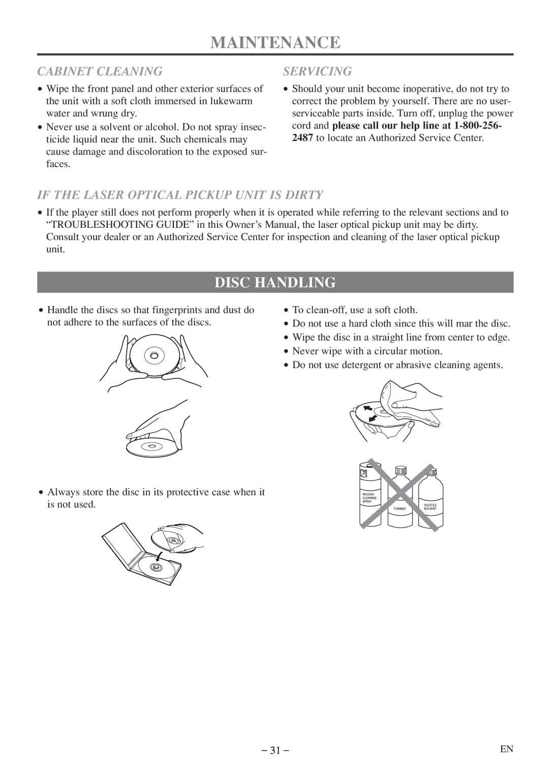 Emerson EWC09D5 B, EWC09D5 owner manual Maintenance, Disc Handling, Cabinet Cleaning, Servicing 