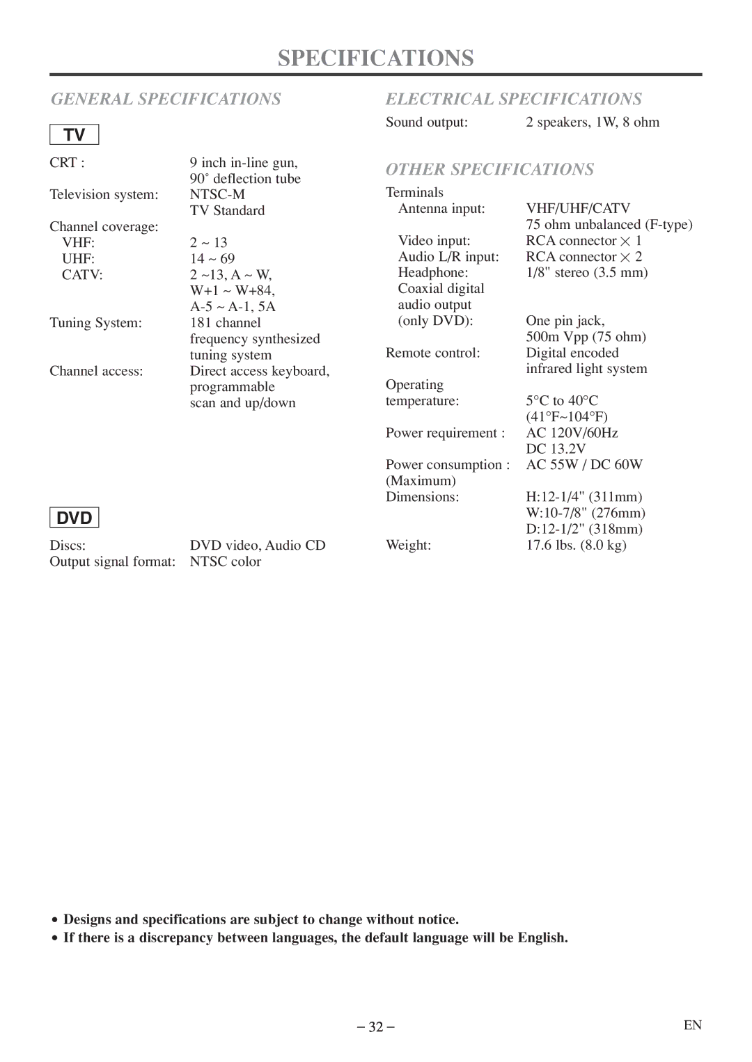 Emerson EWC09D5 B, EWC09D5 owner manual General Specifications, Electrical Specifications, Other Specifications 