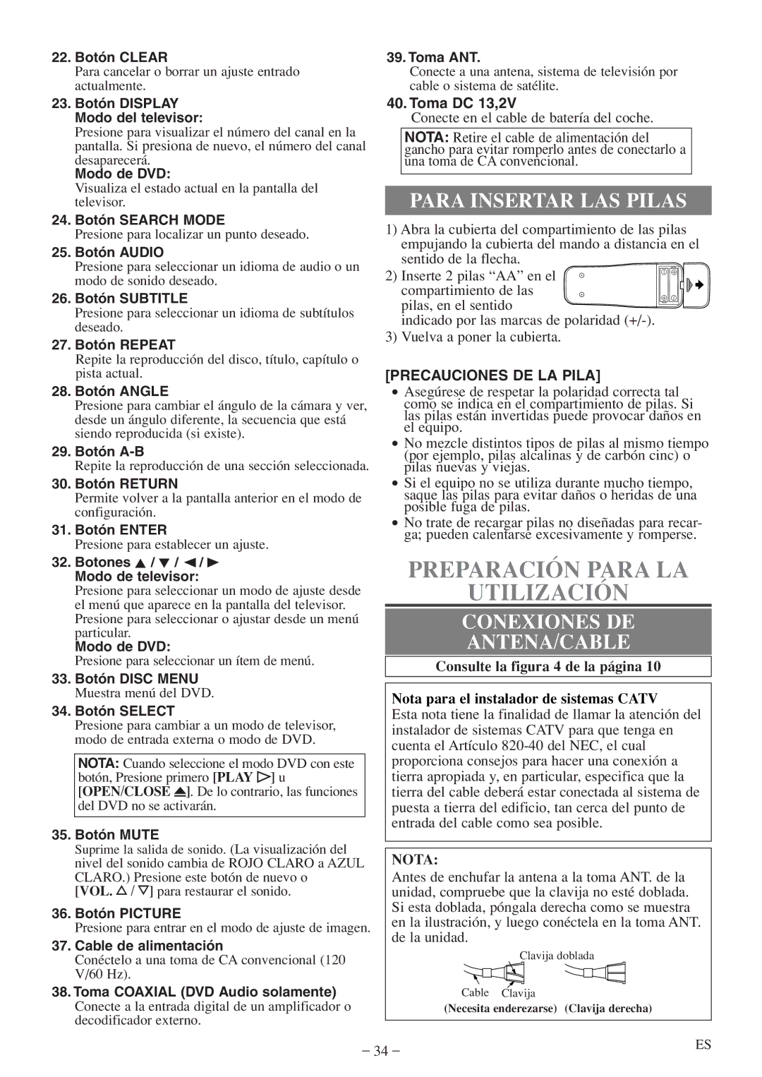 Emerson EWC09D5 B, EWC09D5 owner manual Preparación Para LA, Utilización, Para Insertar LAS Pilas, Conexiones DE, Nota 