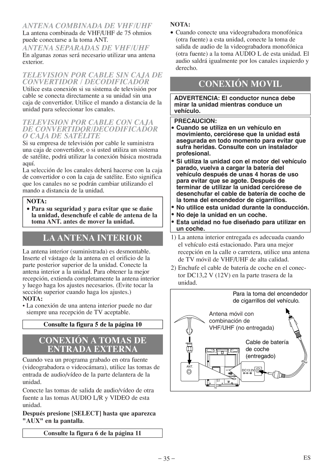 Emerson EWC09D5 B, EWC09D5 owner manual LA Antena Interior, Conexión a Tomas DE Entrada Externa, Conexión Movil 