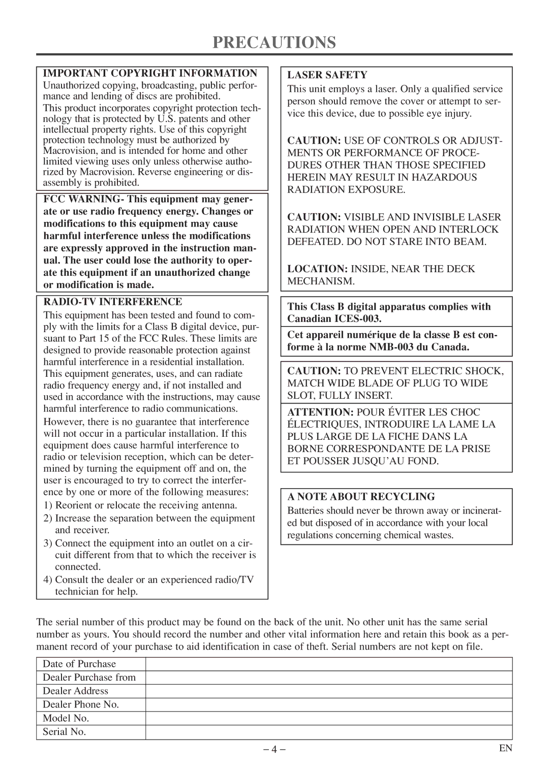 Emerson EWC09D5 B, EWC09D5 Precautions, Important Copyright Information, RADIO-TV Interference, Laser Safety 