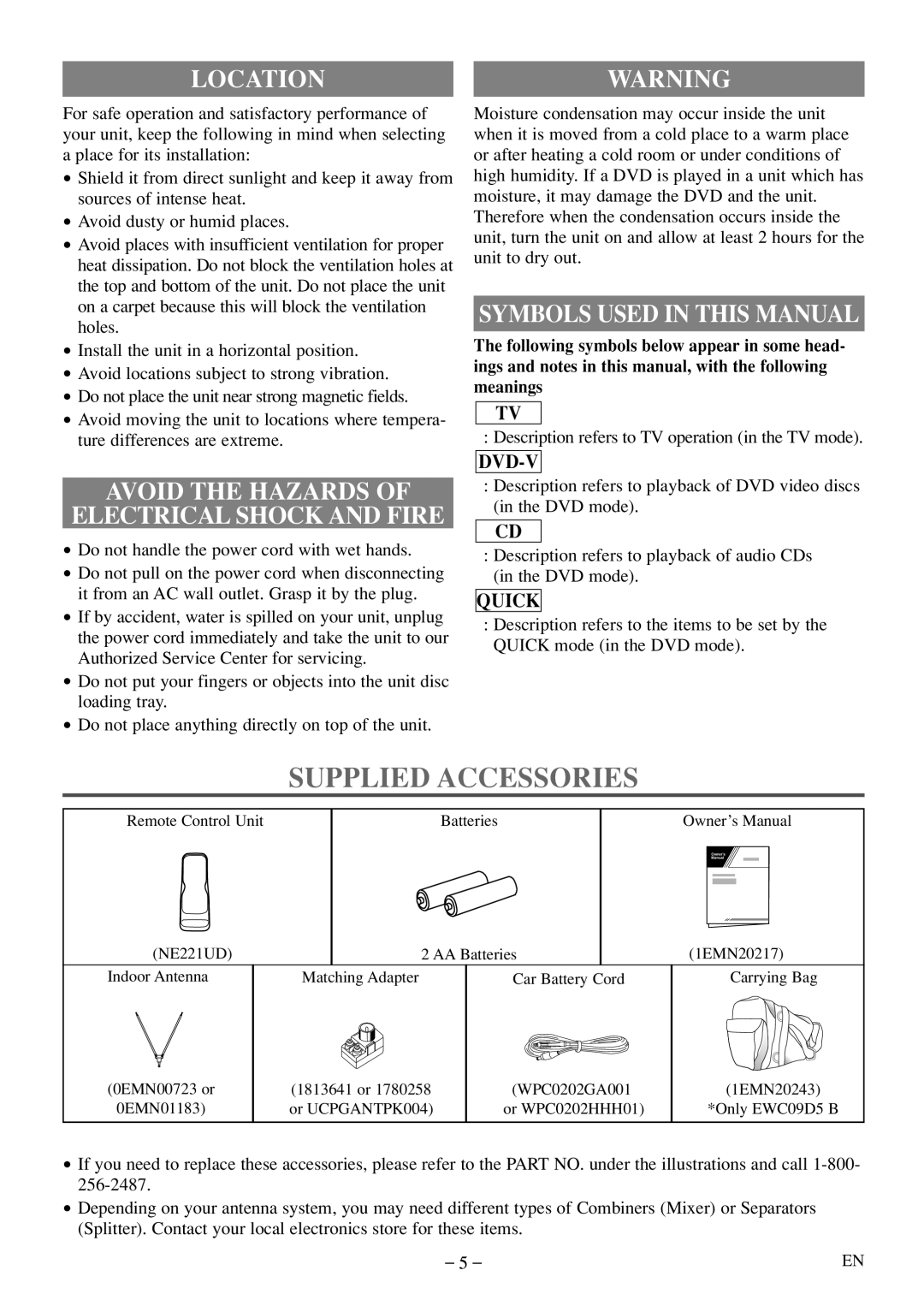 Emerson EWC09D5 B, EWC09D5 owner manual Supplied Accessories, Locationwarning, Avoid the Hazards Electrical Shock and Fire 