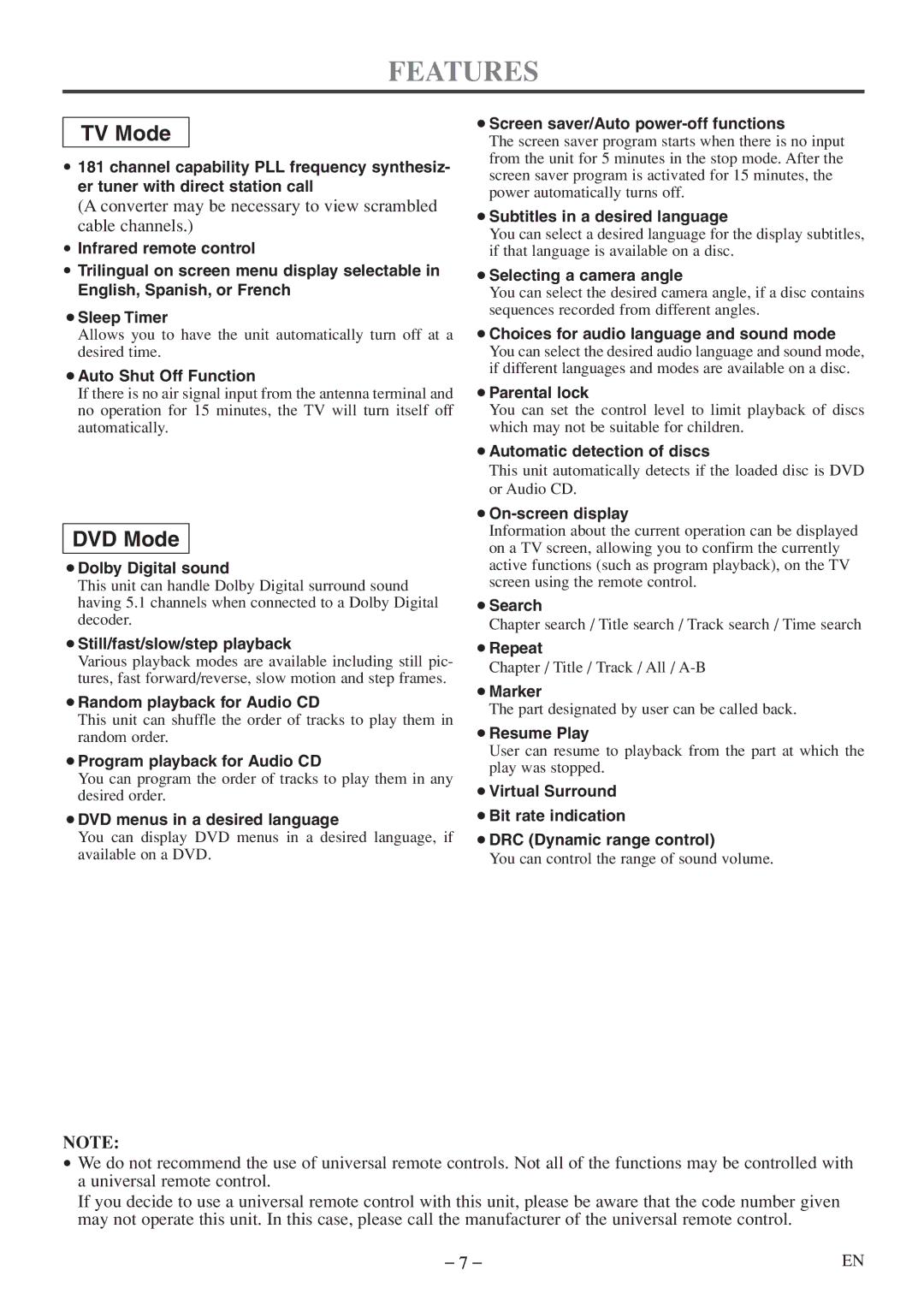 Emerson EWC09D5 B, EWC09D5 owner manual Features, TV Mode 