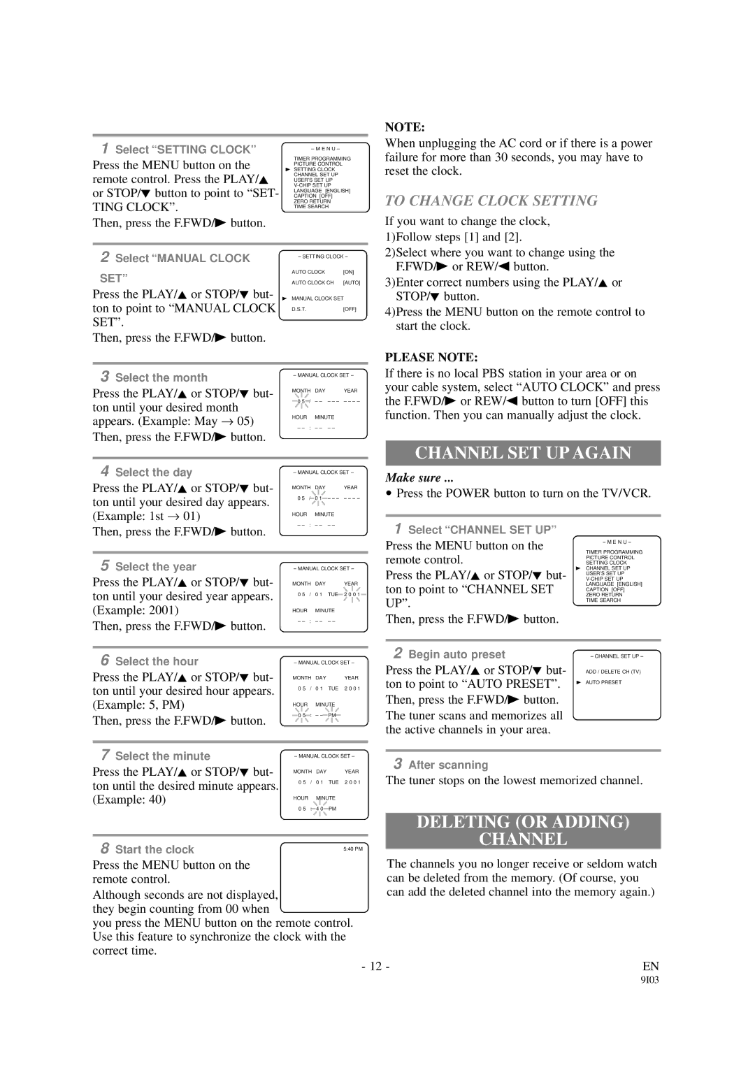 Emerson EWC1301 owner manual Channel SET UP Again, Deleting or Adding Channel, To Change Clock Setting, Please Note 