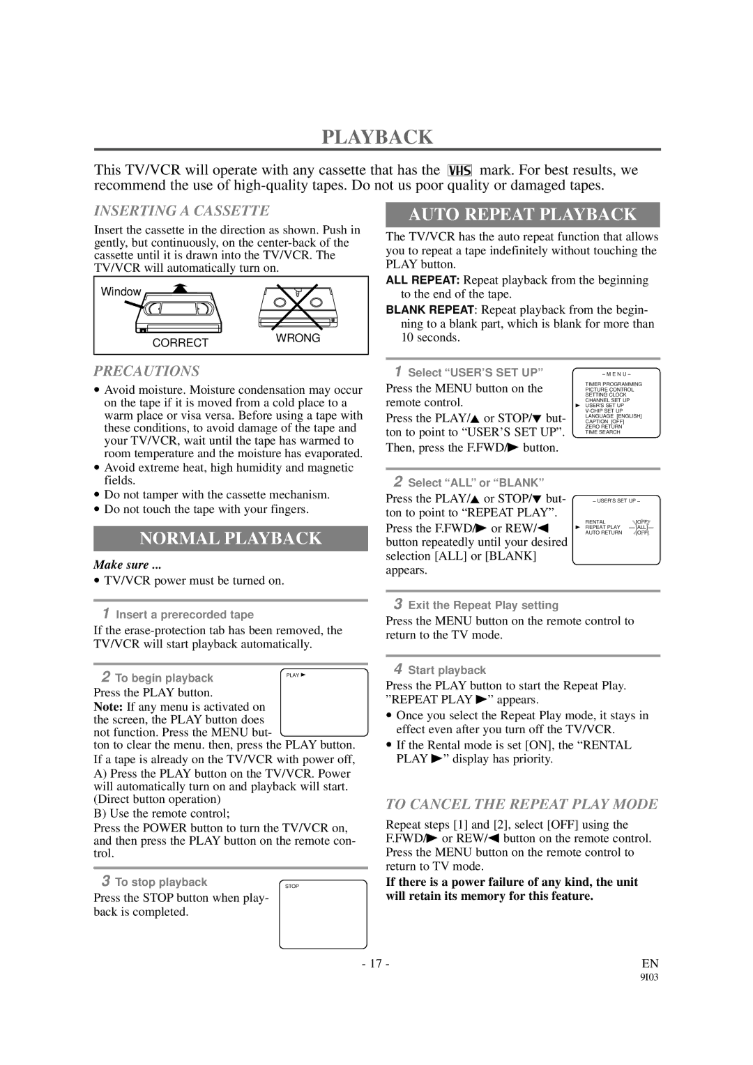 Emerson EWC1301 owner manual Auto Repeat Playback, Normal Playback 