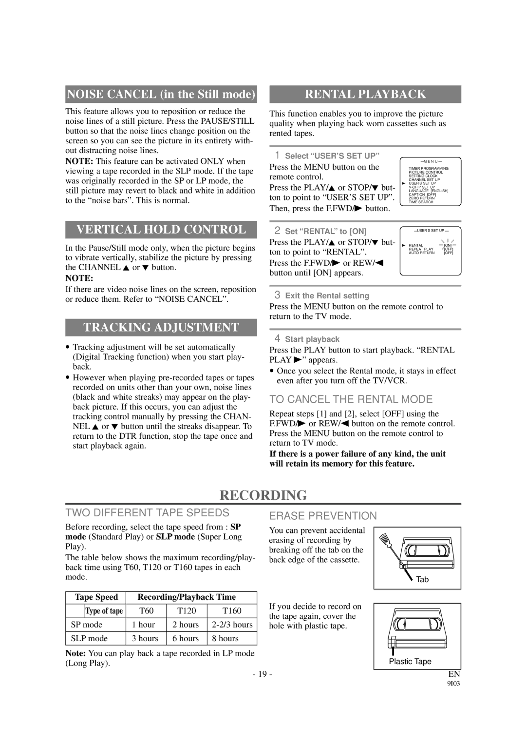 Emerson EWC1301 owner manual Recording, Vertical Hold Control, Tracking Adjustment, Rental Playback 