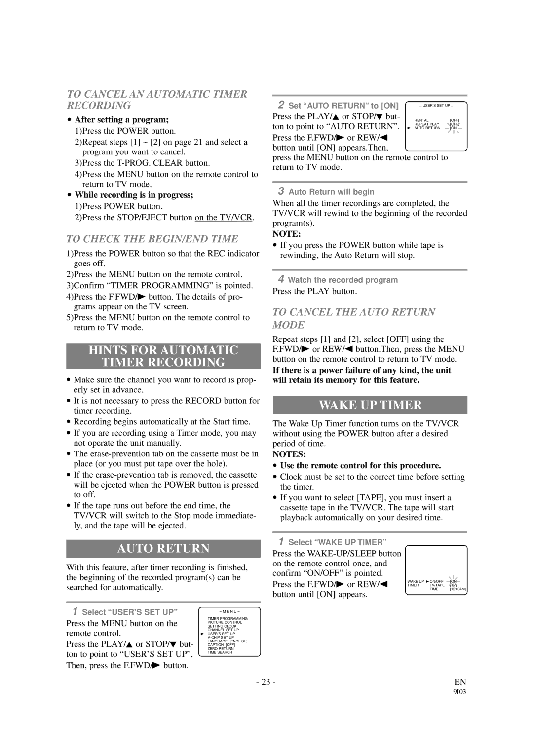 Emerson EWC1301 owner manual Hints for Automatic Timer Recording, Auto Return, Wake UP Timer 