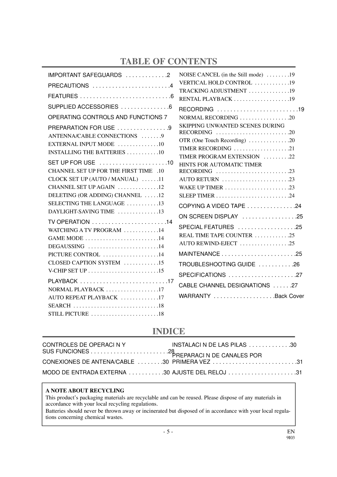 Emerson EWC1301 owner manual Table of Contents, Indice 