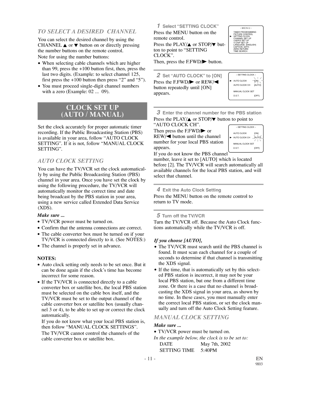 Emerson EWC1902, EWC1302 Clock SET UP Auto / Manual, To Select a Desired Channel, Auto Clock Setting, Manual Clock Setting 