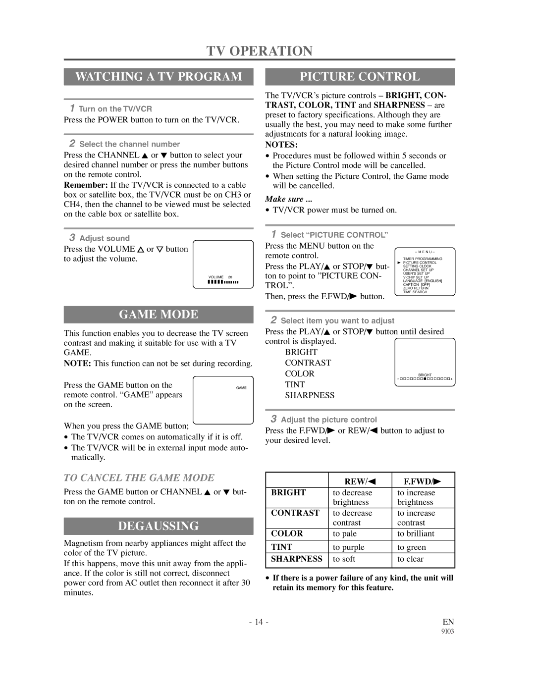 Emerson EWC1302, EWC1902 owner manual TV Operation, Watching a TV Program, Picture Control, Game Mode, Degaussing 