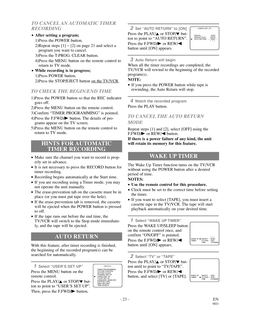 Emerson EWC1902, EWC1302 owner manual Hints for Automatic Timer Recording, Auto Return, Wake UP Timer 