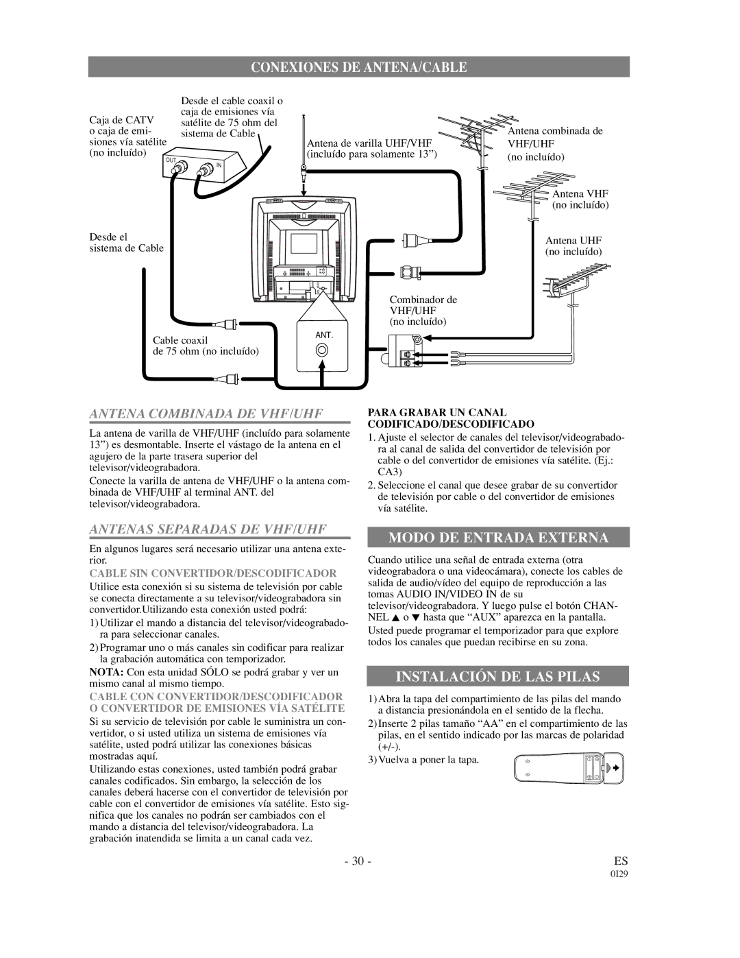 Emerson EWC1302, EWC1902 owner manual Conexiones DE ANTENA/CABLE 