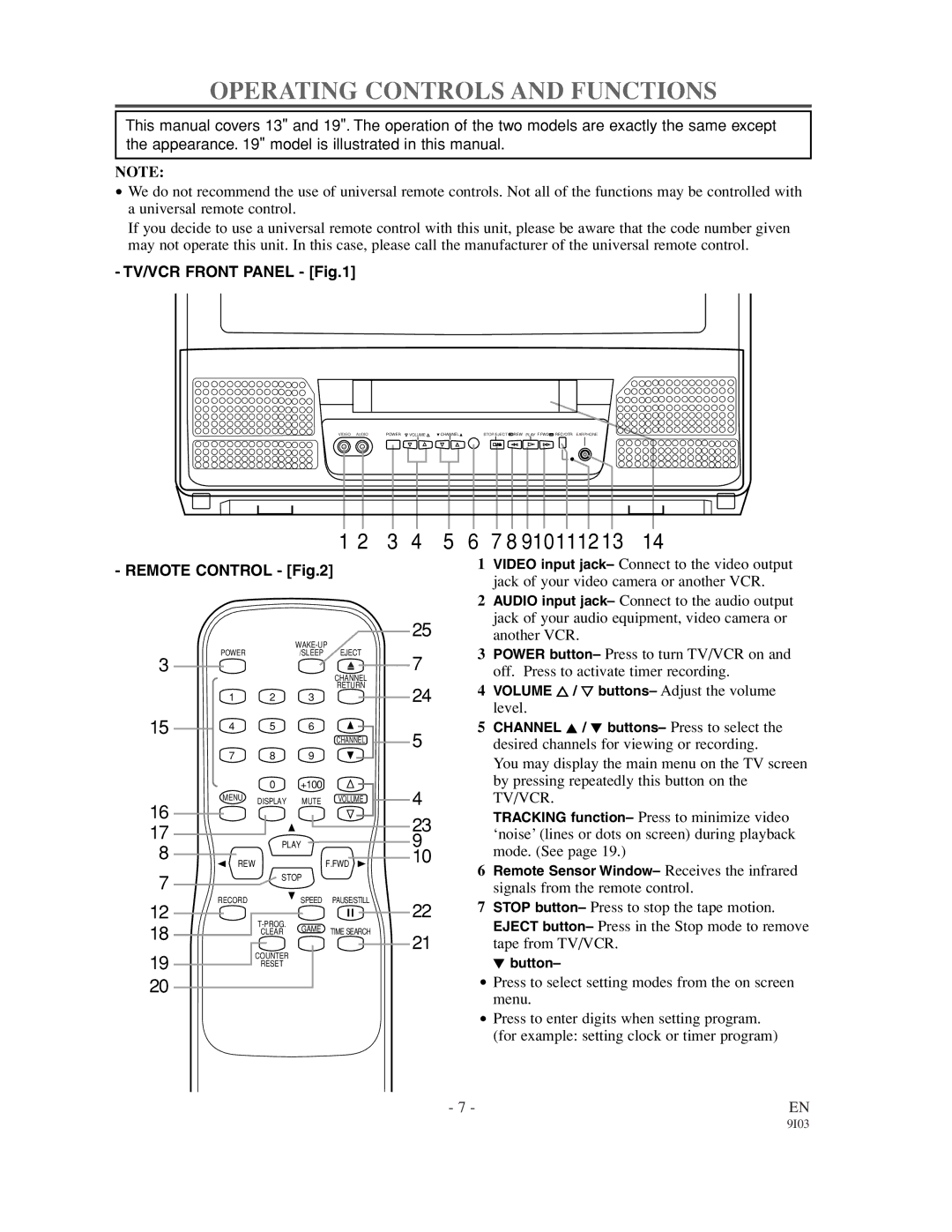 Emerson EWC1902, EWC1302 owner manual Operating Controls and Functions, 9101112 