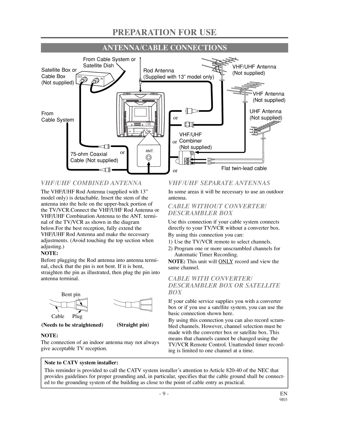 Emerson EWC1902, EWC1302 owner manual Preparation for USE, ANTENNA/CABLE Connections 