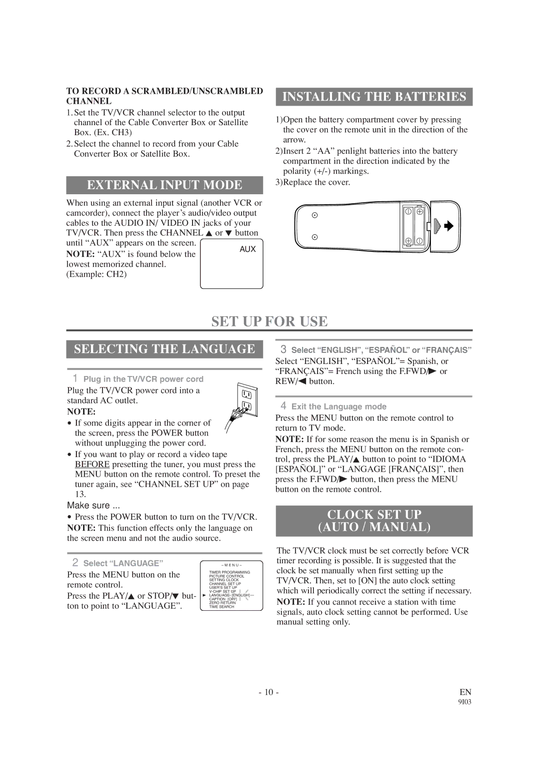 Emerson EWC1303A owner manual SET UP for USE, External Input Mode, Installing the Batteries, Selecting the Language 