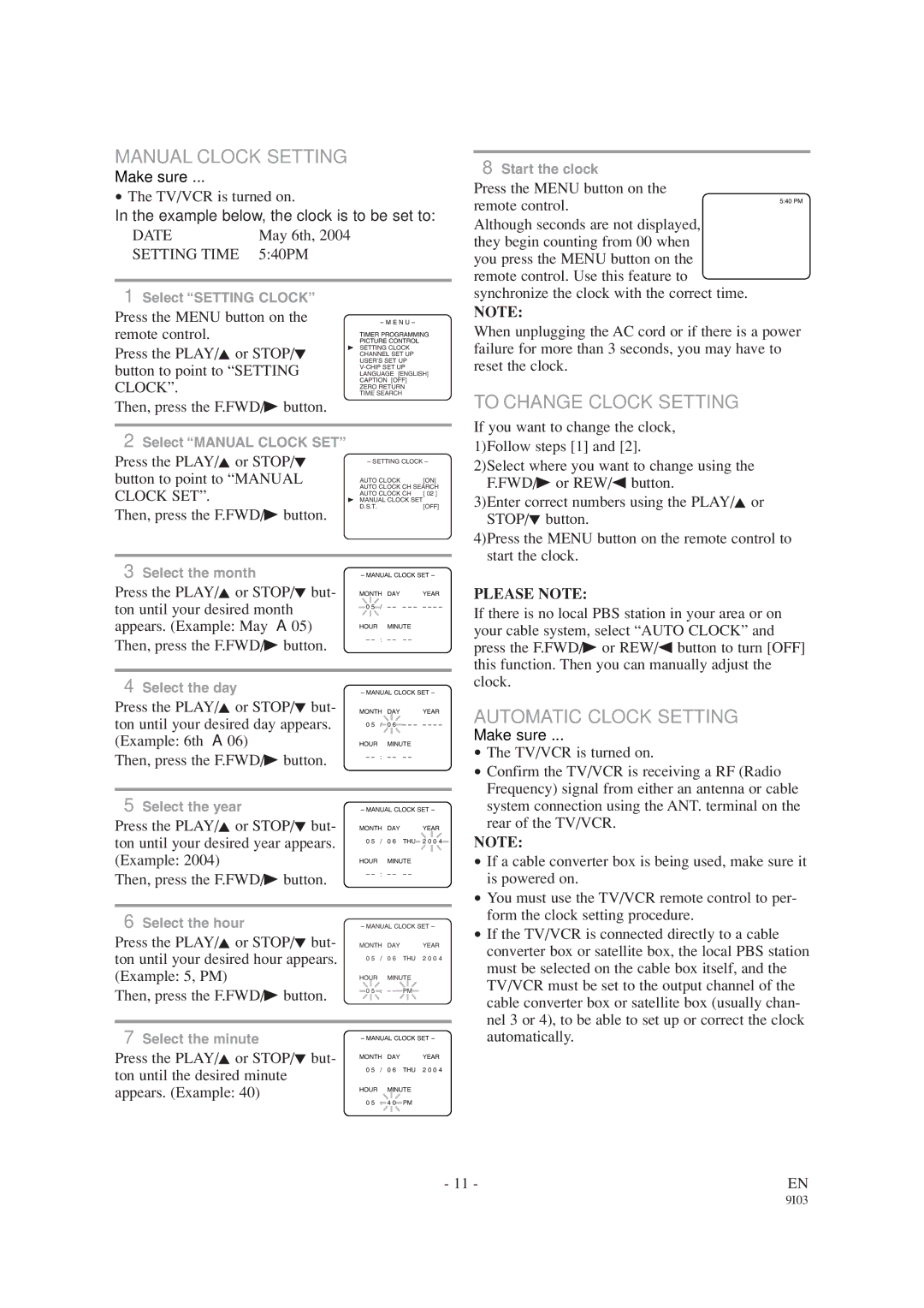 Emerson EWC1303A owner manual Manual Clock Setting, To Change Clock Setting, Automatic Clock Setting, Please Note 