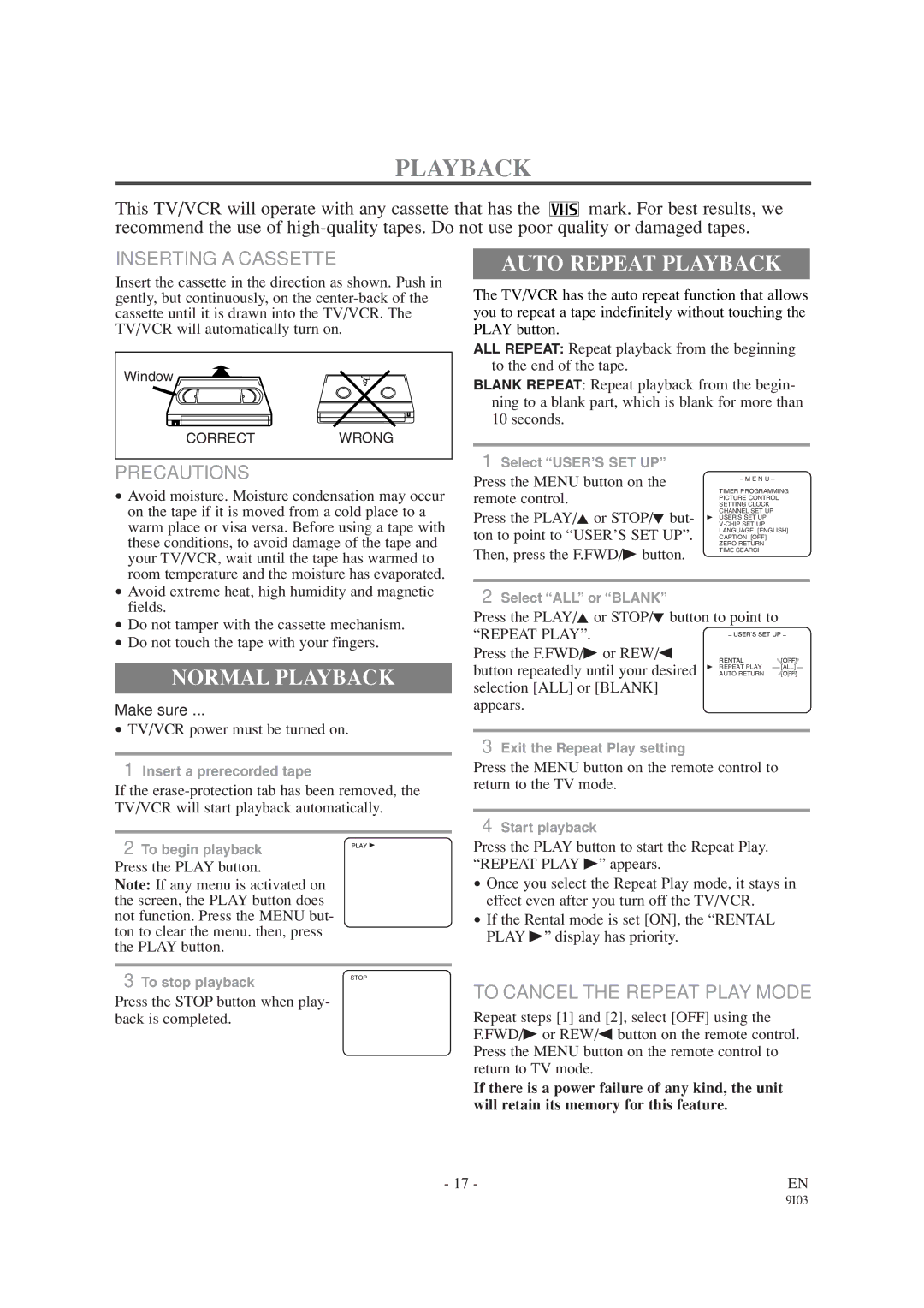 Emerson EWC1303A owner manual Auto Repeat Playback, Normal Playback 